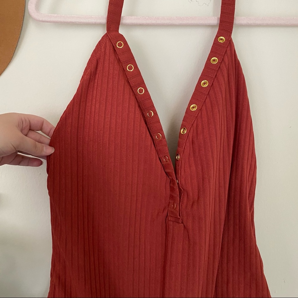 Halter Neck Snap Rust Color Plus Size Swimsuit - Picture 2 of 10